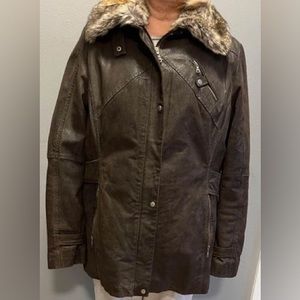 Danier woman’s brown leather coat with removable faux fur collar